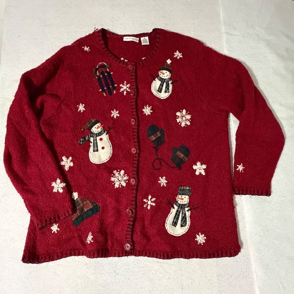 Croft & Barrow Red Snowman Silk Wool Blend Cardigan Sweater Women 1X Holiday